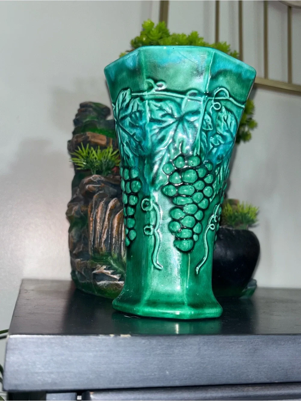 Cottagecore Green Ceramic Grape Relief Vase - Home Accents